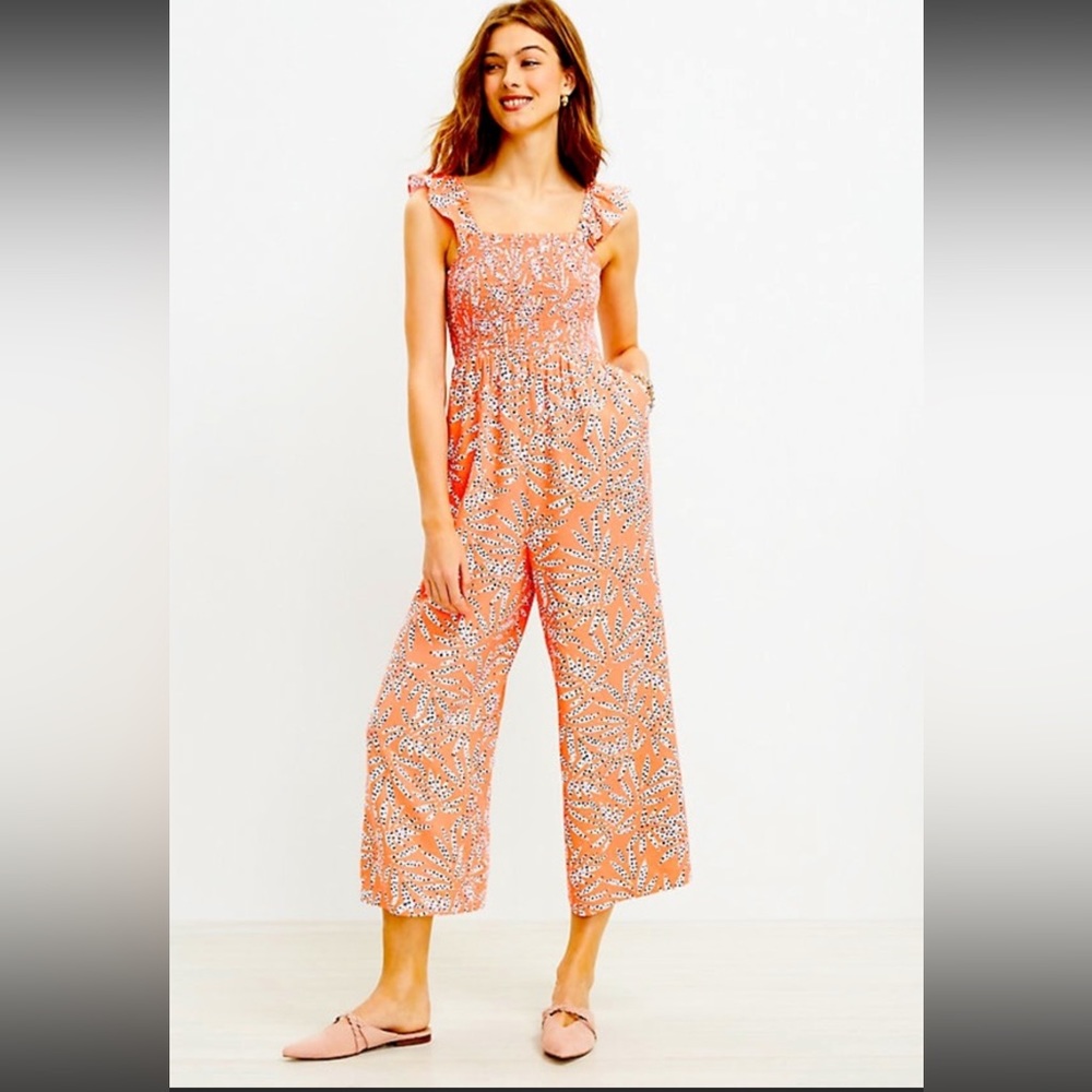 LOFT leaf dot smocked ruffle jumpsuit size MEDIUM Lively Orange